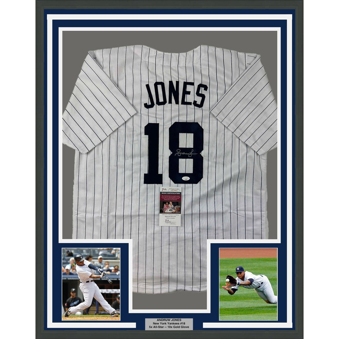 Framed Signed Andruw Jones 35x39 New York Pinstripe Jersey JSA COA