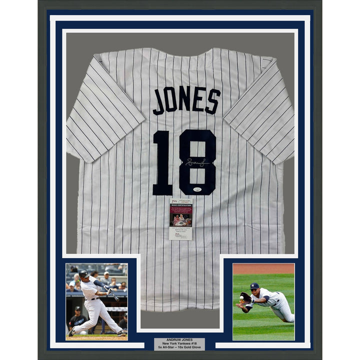 Framed Signed Andruw Jones 35x39 New York Pinstripe Jersey JSA COA
