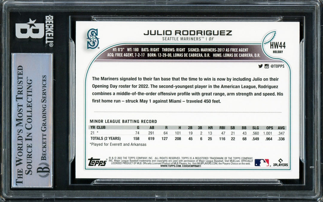 Julio Rodriguez Signed 2022 Topps Holiday RC #HW44 Seattle Mariners Beckett