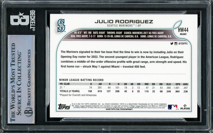 Julio Rodriguez Signed 2022 Topps Holiday RC #HW44 Seattle Mariners Beckett