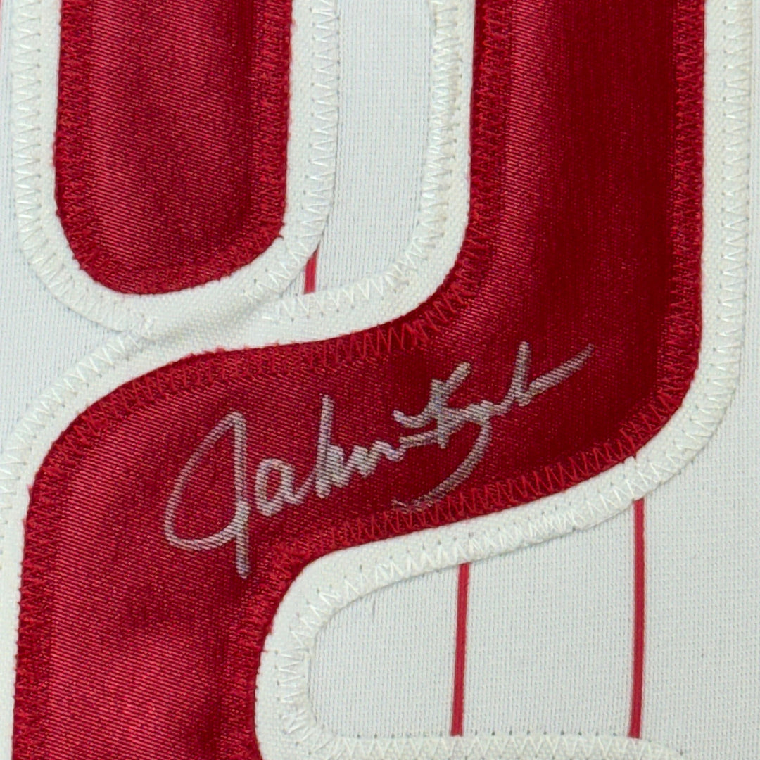 FRAMED Autographed/Signed JOHN KRUK 33x42 Philadelphia Pinstripe Jersey JSA COA