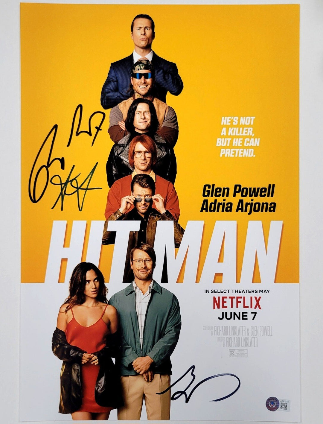 Hit Man cast (3) signed 12x18 photo Powell Arjona Linklater (A) ~ Beckett BAS