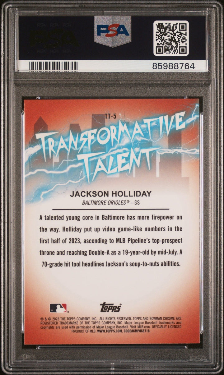 Graded 2023 BWM Draft Jackson Holliday #TT5 Trans Talent RC Card PSA 10