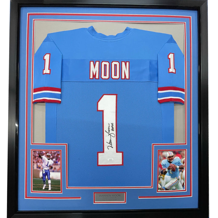 FRAMED Autographed/Signed WARREN MOON HOF 06 33x42 Houston Blue Jersey JSA COA