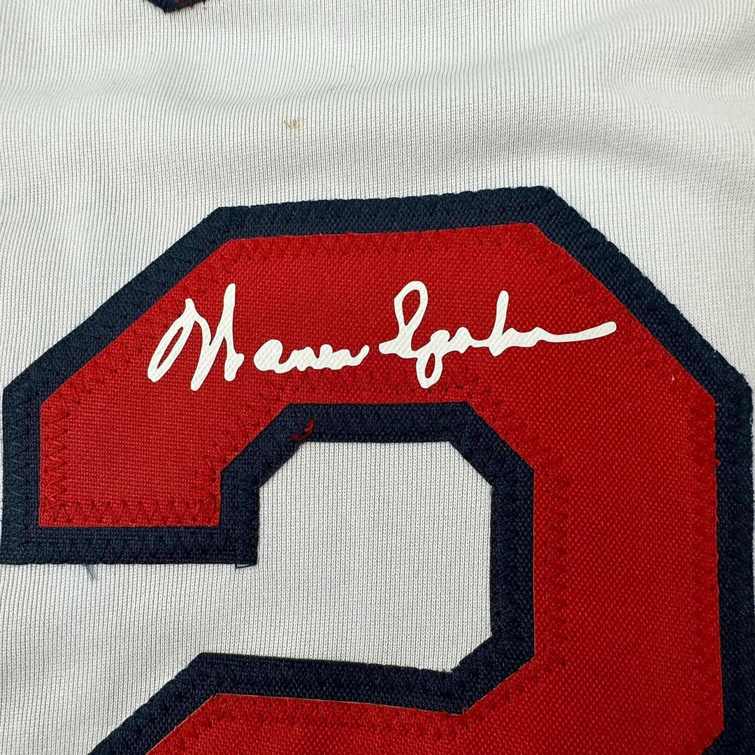 Framed Facsimile Autographed Warren Spahn 33x42 White Reprint Laser Auto Jersey
