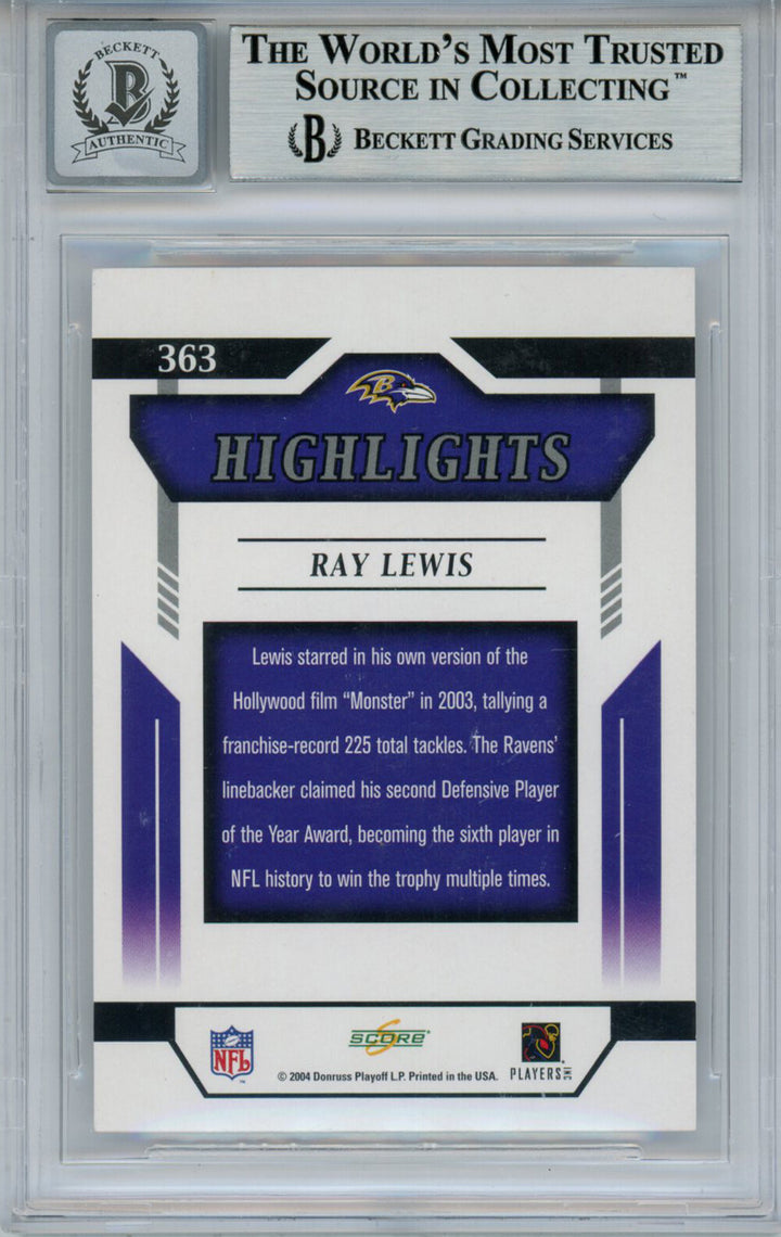 Ray Lewis Autographed 2004 Score #363 Trading Card Beckett 10 Slab 35228