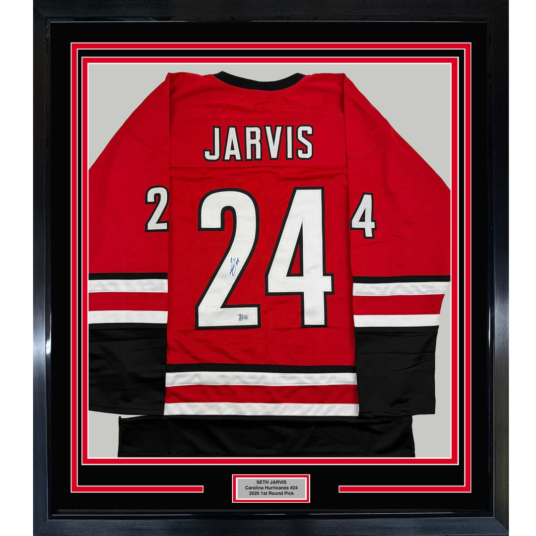 Framed Autographed/Signed Seth Jarvis 35x39 Carolina Red Hockey Jersey BAS COA