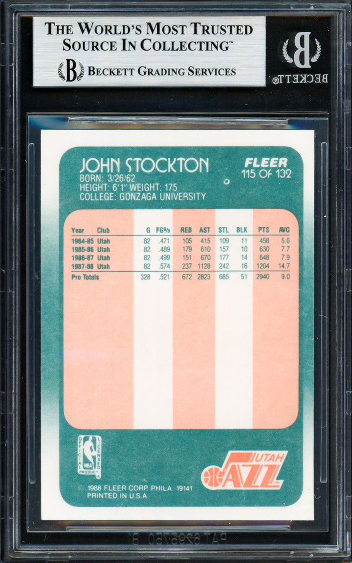 John Stockton Signed 1988-89 Fleer RC 115 Utah Jazz Beckett