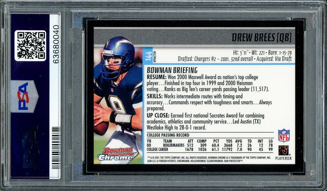 Drew Brees Signed 2001 Bowman Chrome XFractor RC 144 Saints PSA 8 Sig 10 PSA/DNA