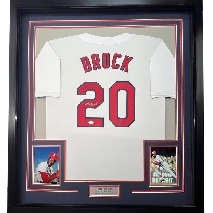 Framed Autographed/Signed Lou Brock 33x42 St Louis White Jersey JSA COA