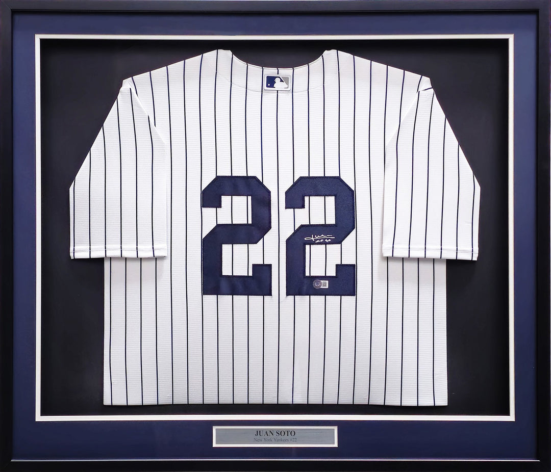New York Yankees Juan Soto Signed Framed White Pinstripes Nike Jersey BAS QR