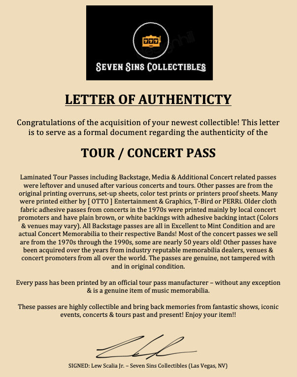 Aerosmith Authentic Styx Tour Backstage All Access Concert Pass Tyler Perry COA