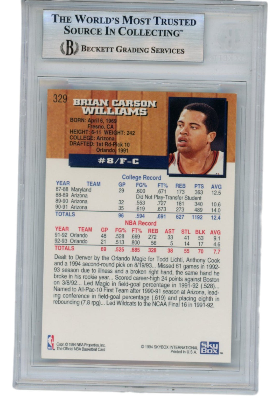 Brian Williams Autographed 93-94 Hoops #329 Slabbed Trading Card Beckett 52704