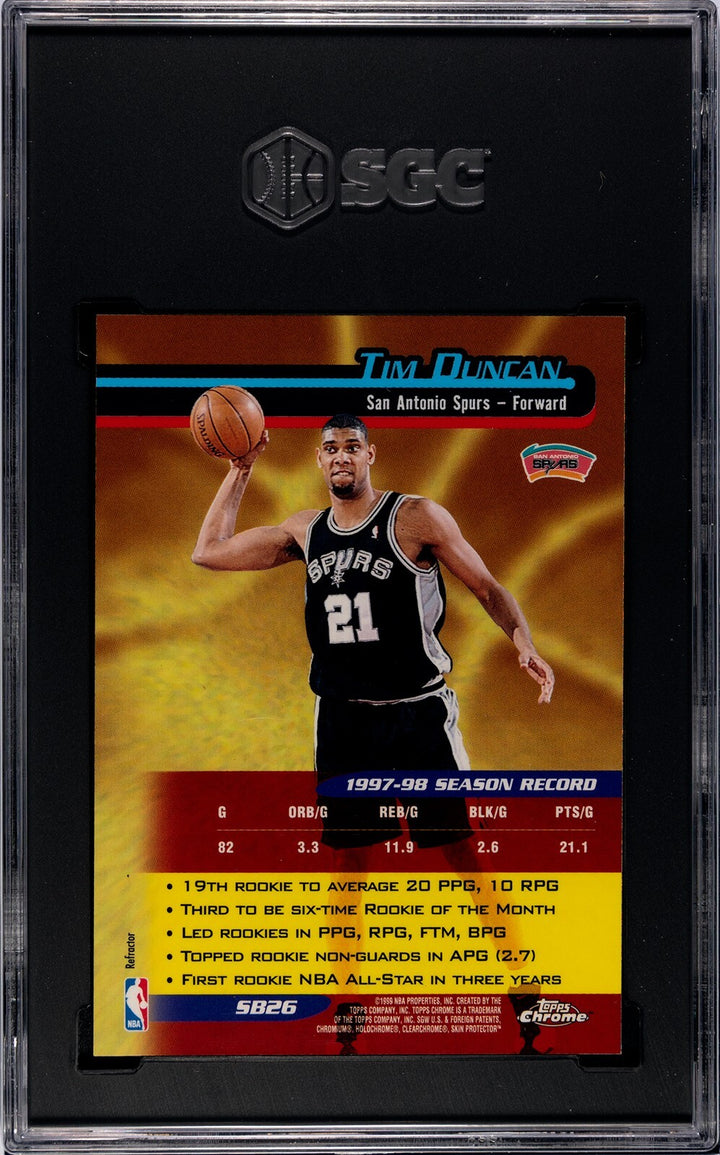 Tim Duncan 1999-00 Topps Chrome Season's Best Refractor Card-SGC Graded 9.5 Mint