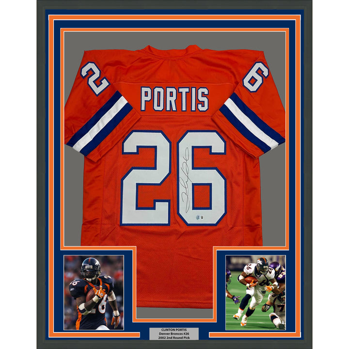 Framed Autographed/Signed Clinton Portis 35x39 Denver Orange Jersey Beckett COA