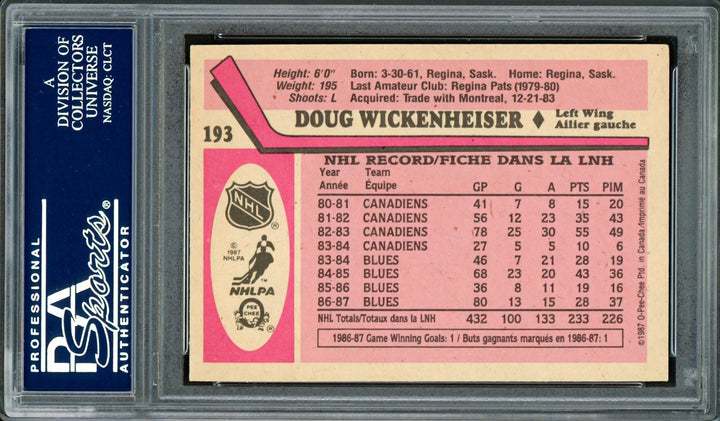 Doug Wickenheiser Signed 1987-88 O-Pee-Chee Card 193 Blues PSA/DNA 83921213