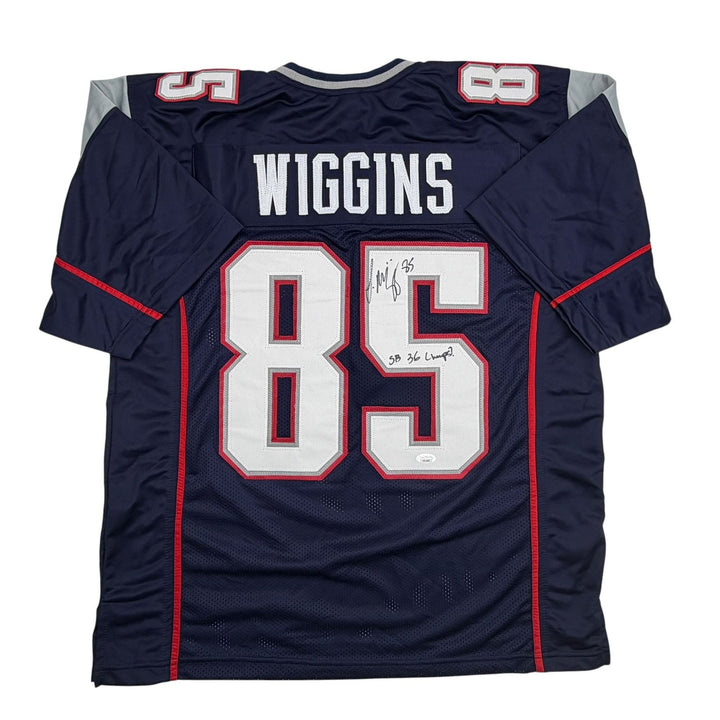 Autographed/Signed Jermaine Wiggins SB 36 Champs New England Blue Jersey JSA COA