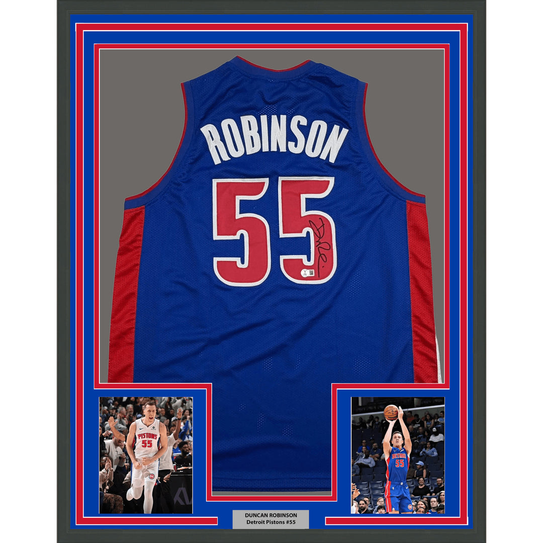 Framed Autographed/Signed Duncan Robinson 35x39 Detroit Blue Jersey BAS COA
