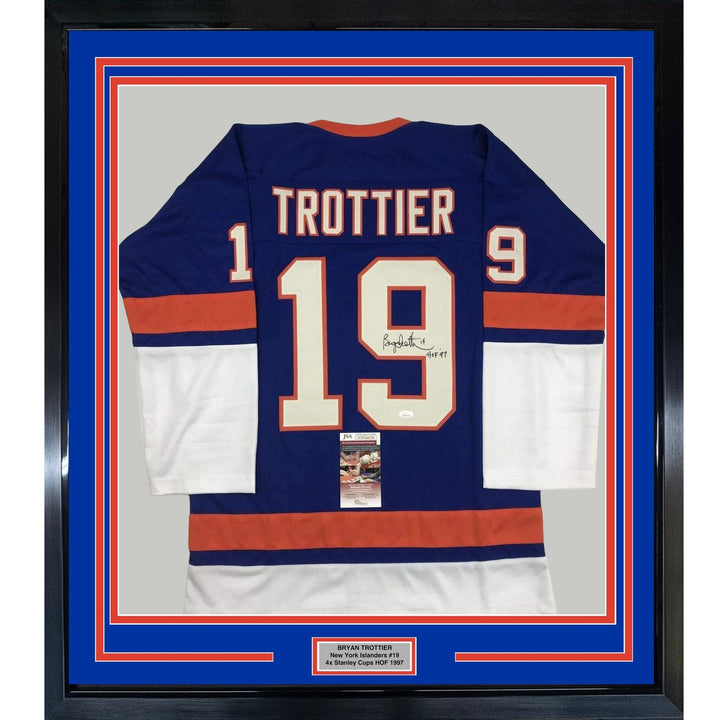 FRAMED Signed BRYAN TROTTIER HOF 97 35x39 NY Blue Jersey JSA COA