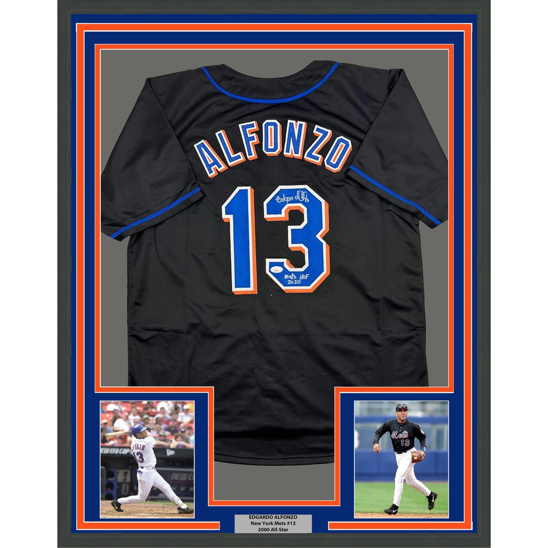 Framed Signed Edgardo Alfonzo 35x39 New York Black Jersey JSA COA