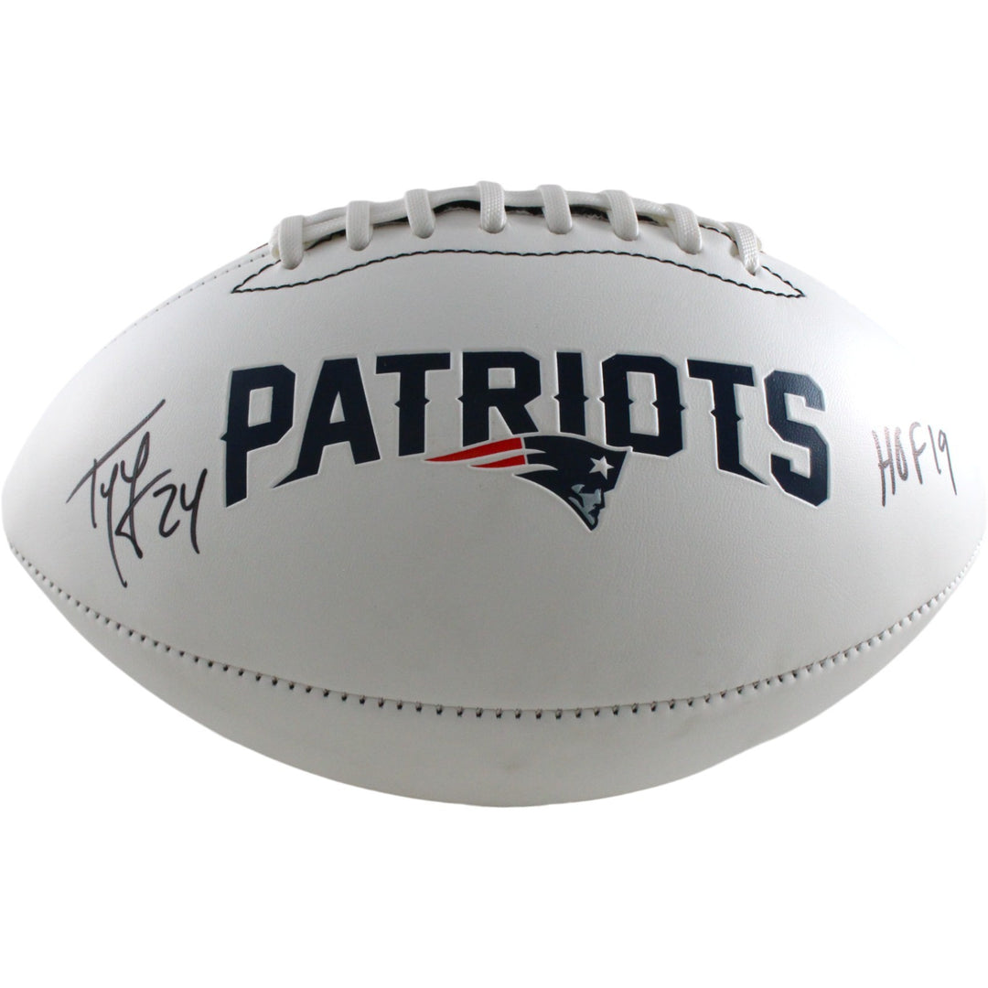 Ty Law Autographed/Signed New England Patriots Logo Football HOF Beckett 54298