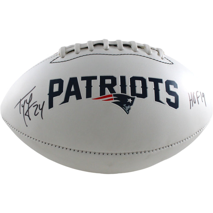 Ty Law Autographed/Signed New England Patriots Logo Football HOF Beckett 54298