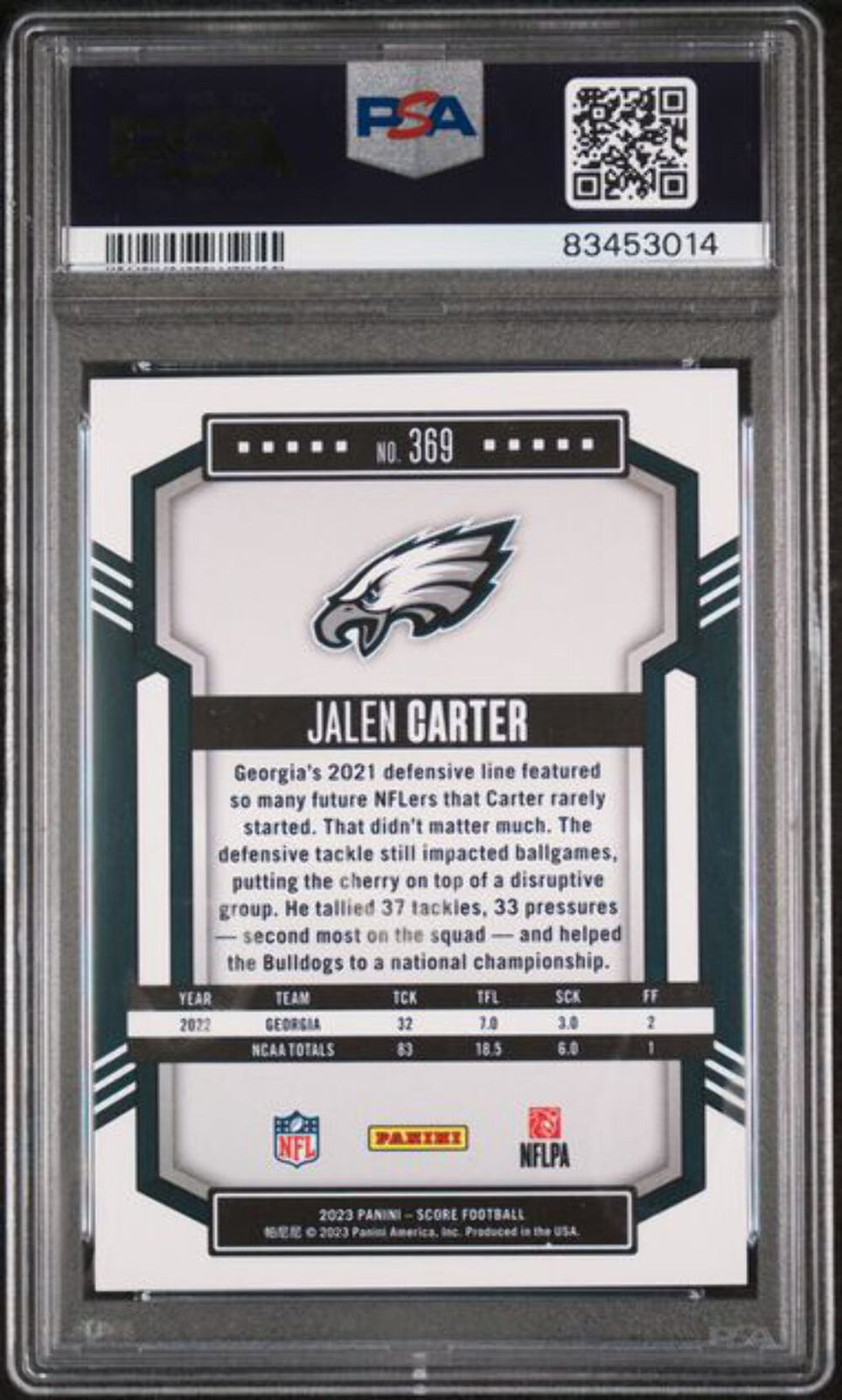 Graded 2023 Panini Score Jalen Carter #369 Gold Zone Rookie Football Card PSA 10