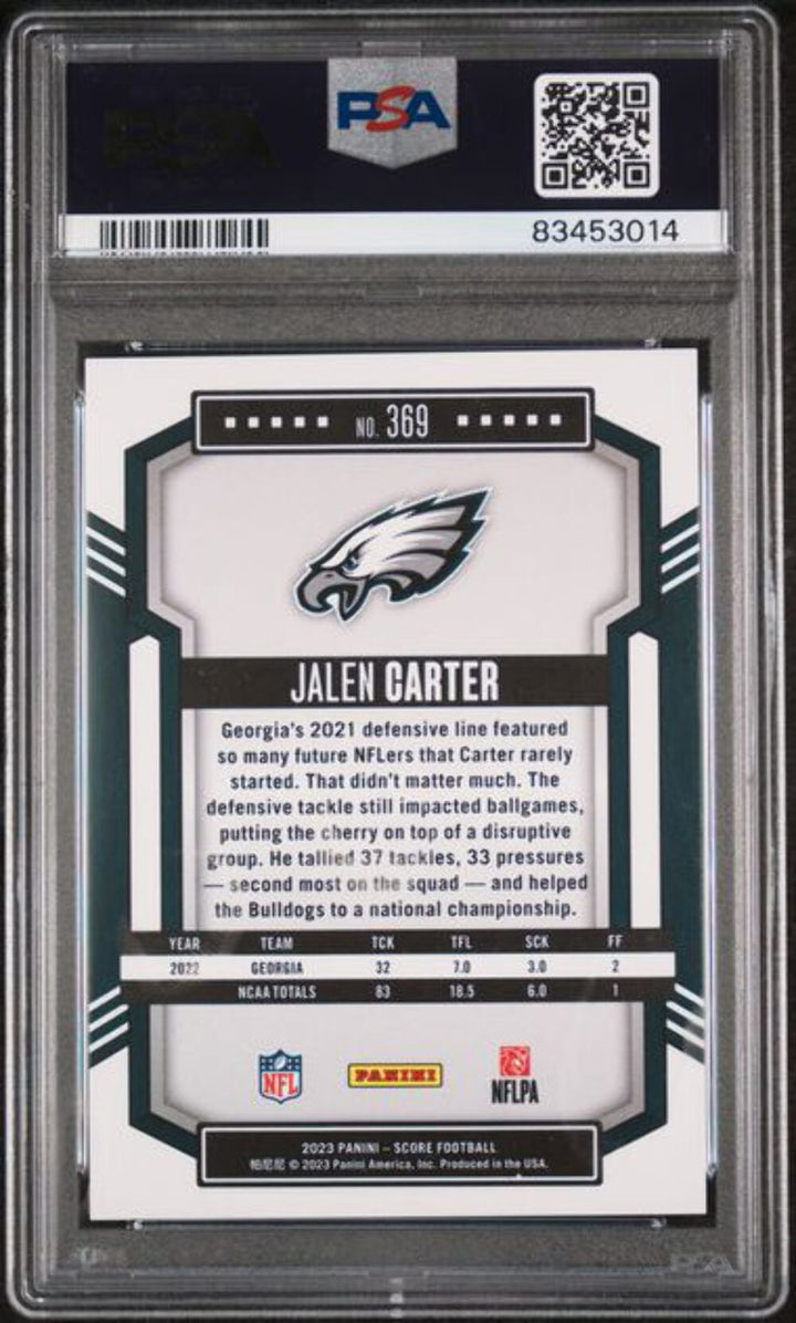 Graded 2023 Panini Score Jalen Carter #369 Gold Zone Rookie Football Card PSA 10