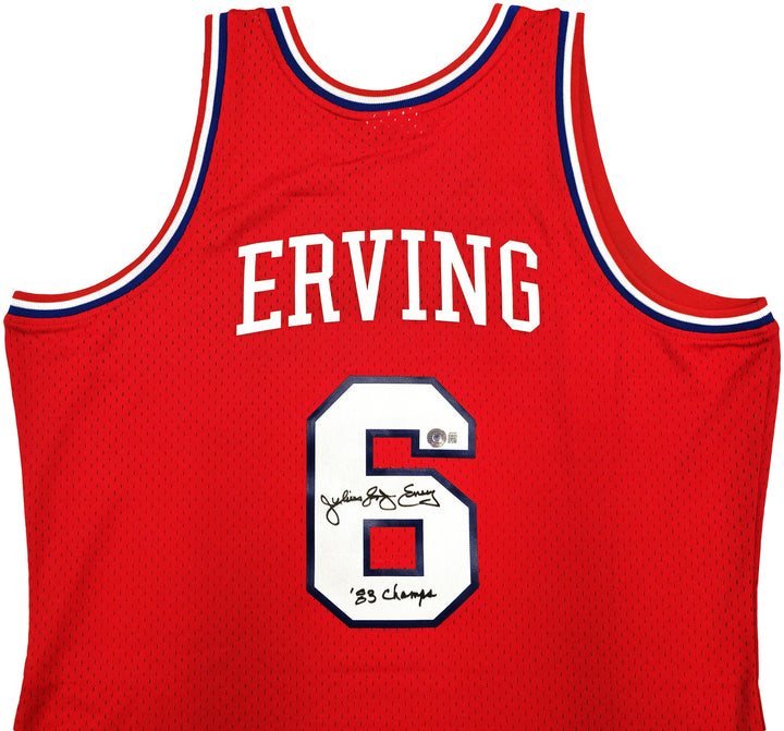 76ers Julius Dr J Erving Auto Red Mitchell Ness Swingman 82 Jersey 83 Champ BAS