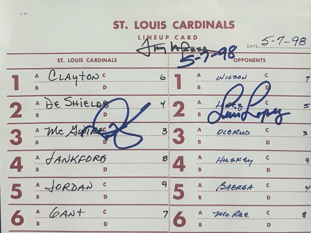 Mark McGwire Signed 1998 Official Lineup Card 13 Hr Framed Cardinals Auto Coa