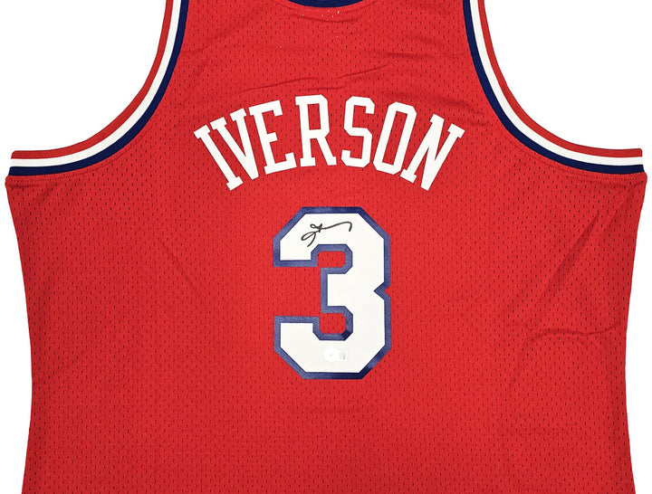 76ers Allen Iverson Auto Red Auth Mitchell Ness 02-03 HWC Swingman Jersey 2X BAS