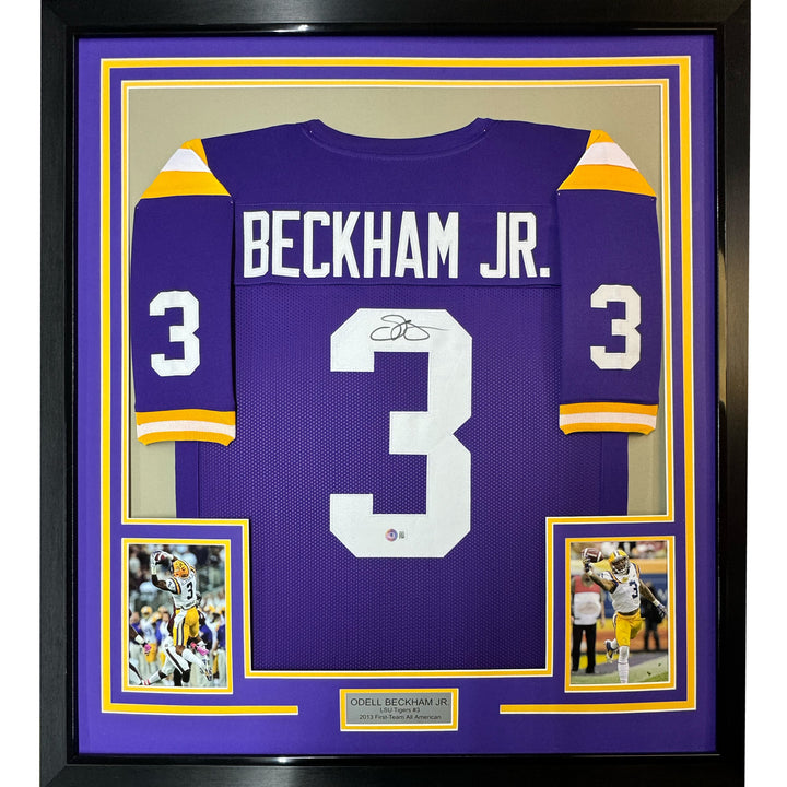 Framed Autographed/Signed Odell Beckham Jr. 33x42 Purple College Jersey JSA COA