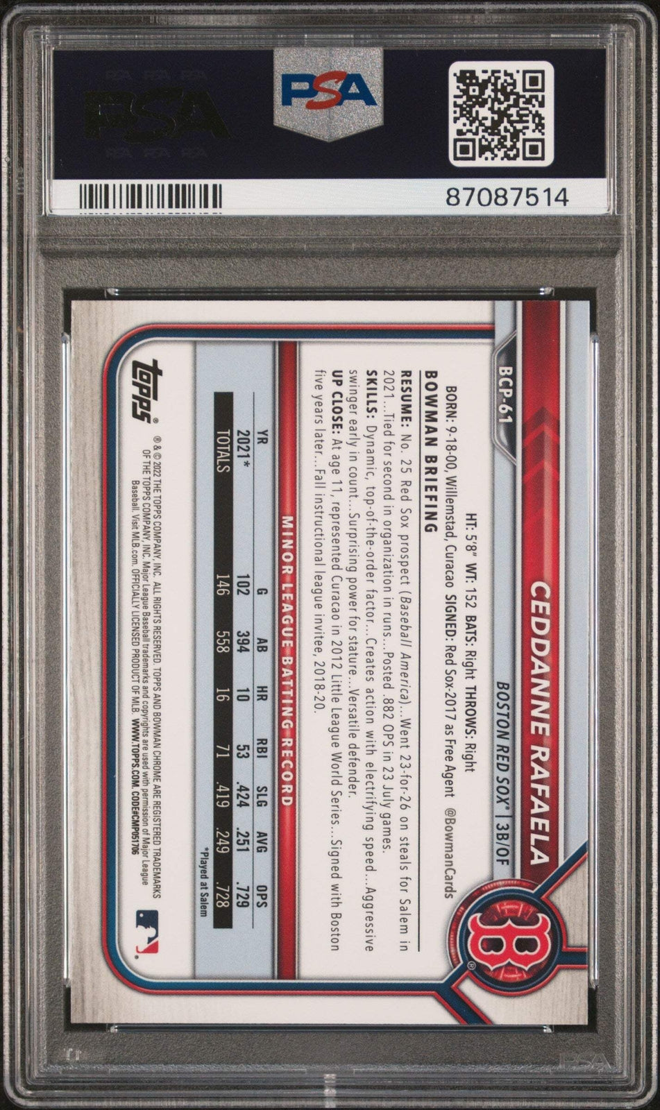 Graded 2022 Bowman Ceddanne Rafaela #BCP61 Chrome Prospects Baseball Card PSA 10