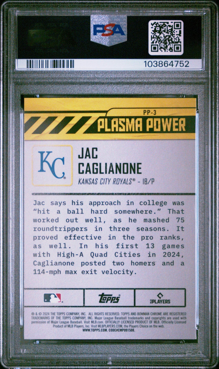 Graded 2024 Bowman Draft Jac Caglianone #PP3 Plasma Power Baseball Card PSA 10