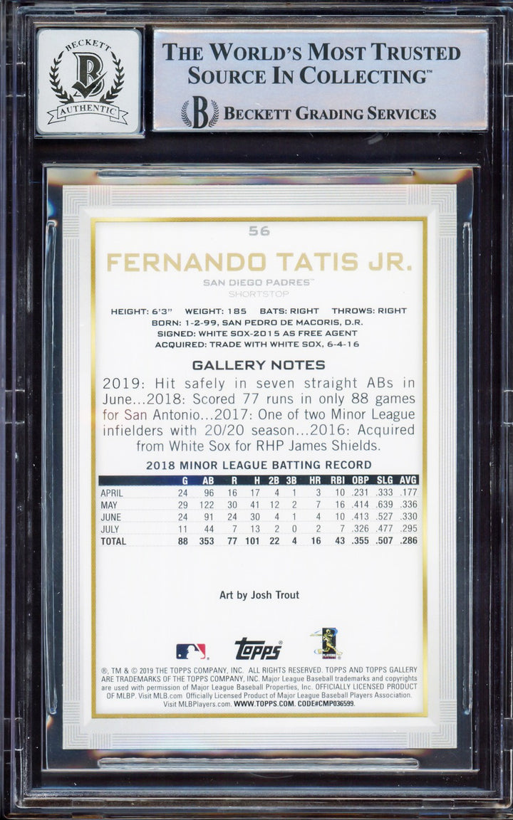 Fernando Tatis Jr. Auto 2019 Topps Gallery RC 56 Padres BGS 9 Auto GM 10 Beckett