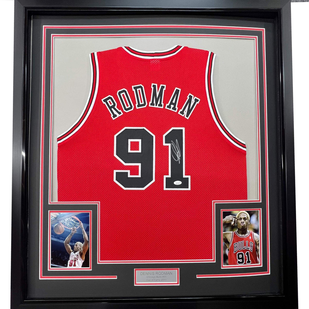 FRAMED Autographed/Signed DENNIS RODMAN 33x42 Chicago Red Jersey JSA COA Auto