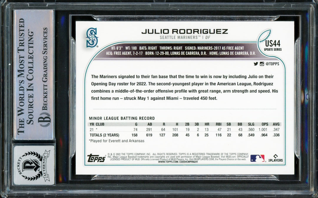 Julio Rodriguez Signed 2022 Topps Update RC US44 Mariners Auto GM 10 Beckett