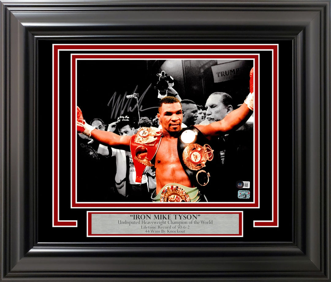 Mike Tyson Signed Framed 11x14 Photo With Belts BAS QR