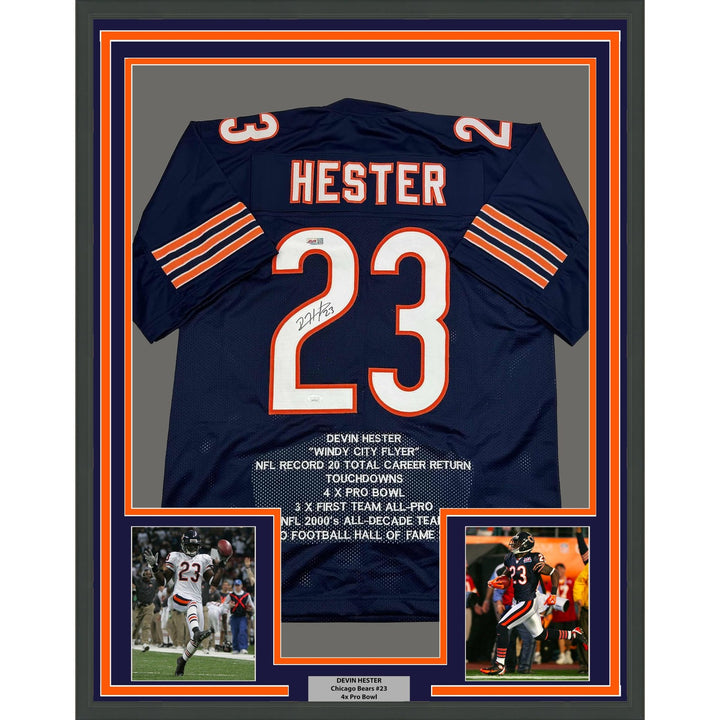 Framed Signed Devin Hester 35x39 Chicago Blue Stat Jersey JSA COA