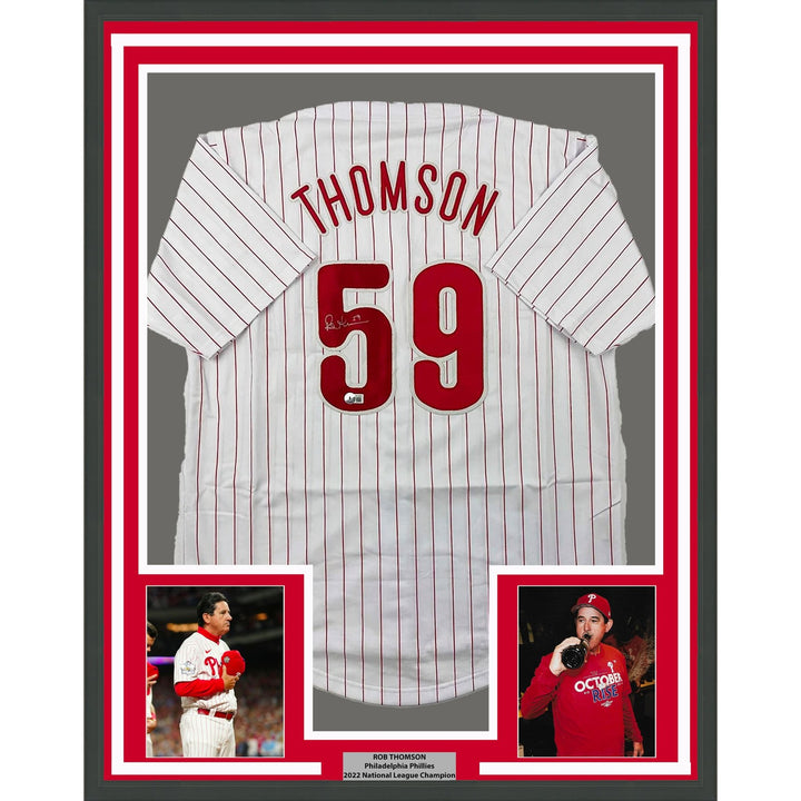 Framed Autographed/Signed Rob Thomson 33x42 Pinstripe Jersey Beckett COA