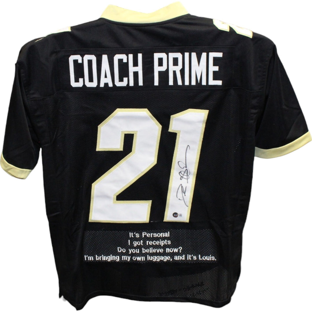 Deion Sanders Autographed/Signed College Style Black Stat Jersey Beckett 42775