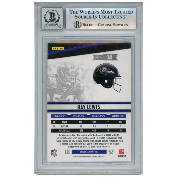Ray Lewis Autographed 2012 Panini Rookies & Stars #14 Trading Card Beckett 52920
