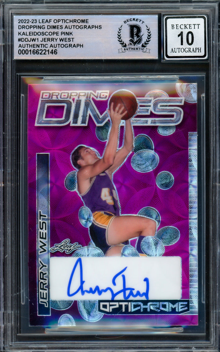 Jerry West Auto 2022-23 Leaf Optichrome Dropping Dimes Pink Card DDJW Sig 10 BAS