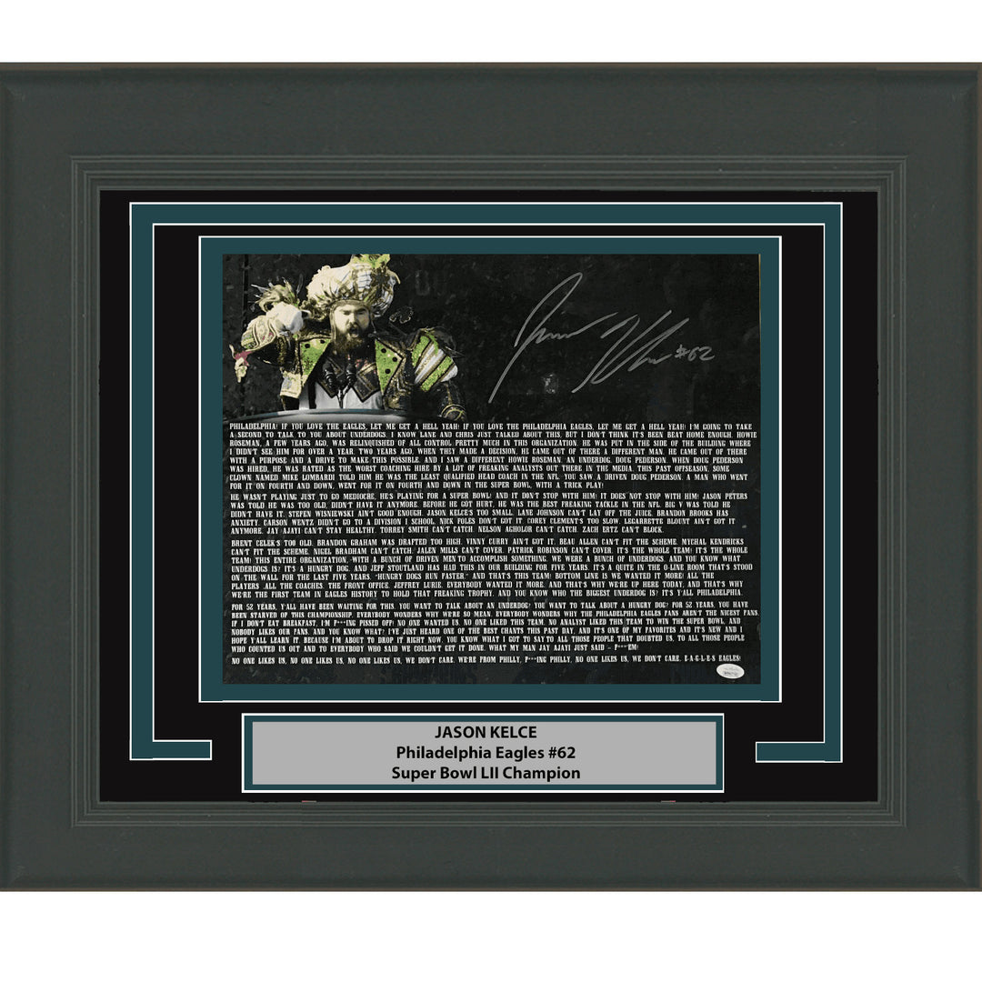 Framed Autographed/Signed Jason Kelce SB Speech Eagles 16x20 Photo PSA COA
