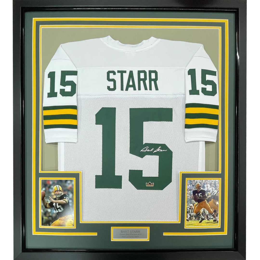 Framed Facsimile Autographed Bart Starr 33x42 Green Bay White Reprint Jersey