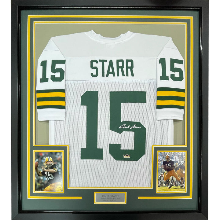 Framed Facsimile Autographed Bart Starr 33x42 Green Bay White Reprint Jersey