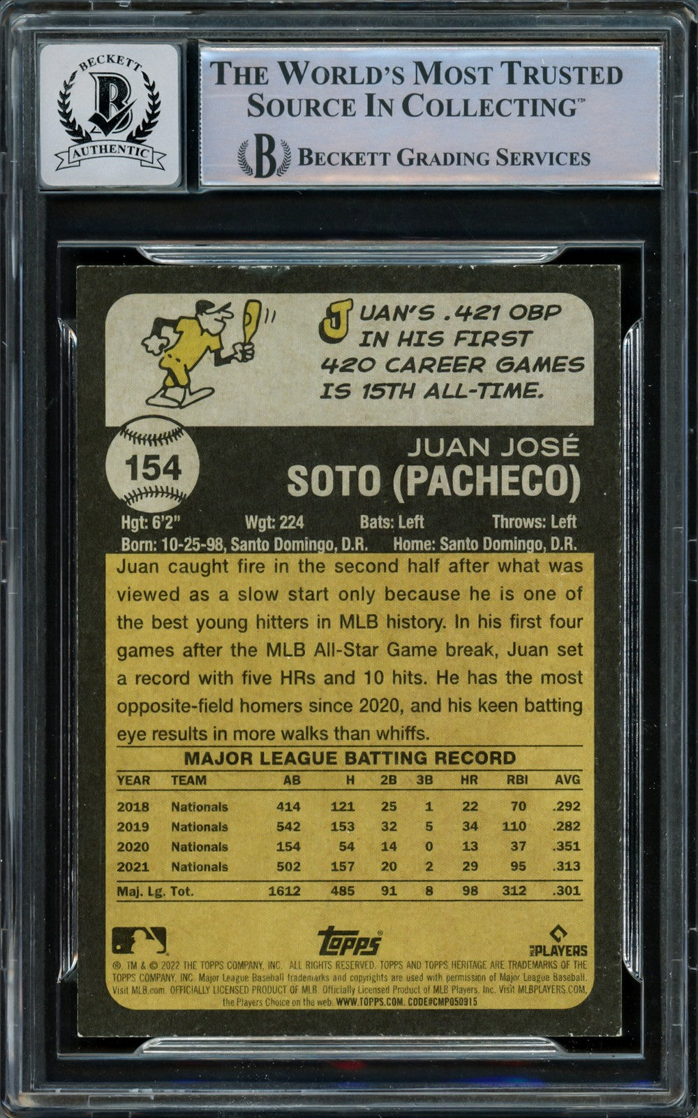 Juan Soto Signed 2022 Topps Heritage Card 154 New York Mets Auto GM 10 Beckett