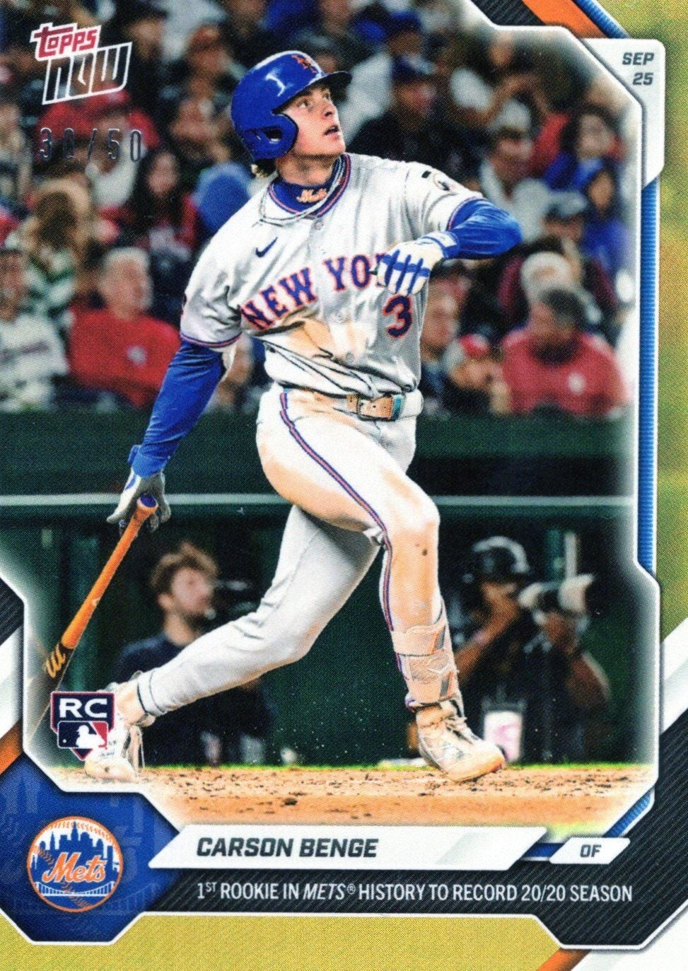 2026 Topps Now Carson Benge #725 Gold Foil /50 Rookie RC Baseball Card