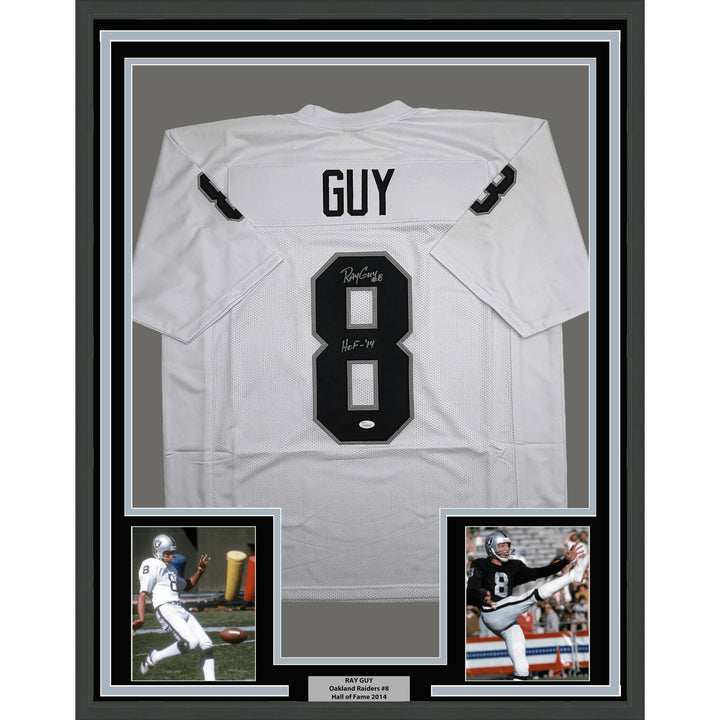 Framed Autographed Ray Guy HOF 35x39 Oakland LV White Football Jersey JSA COA