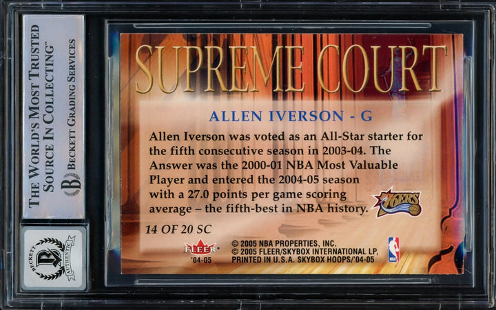 Allen Iverson Auto 2004-05 Hoops Supreme Court Card 14 76ers Sig 10 Beckett Wit